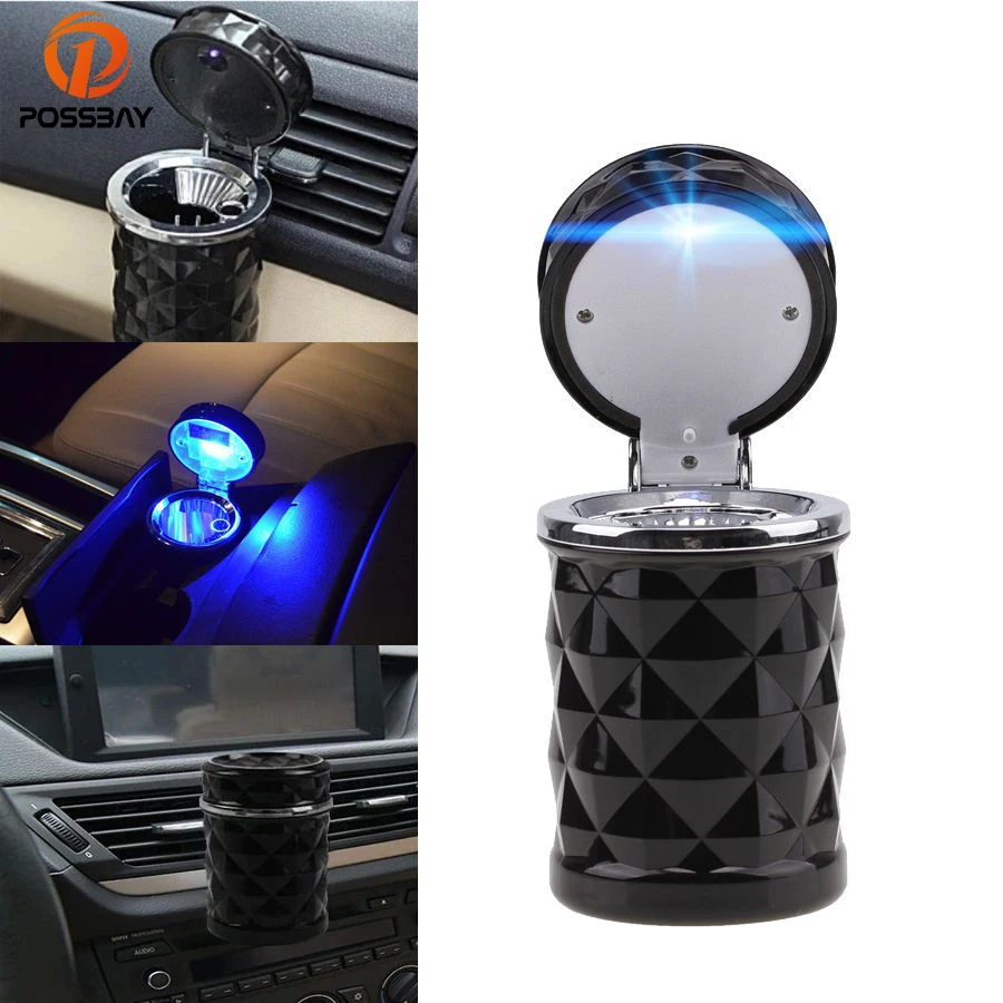 POSSBAY Car Ashtray Black/White Cigarette Ashtray Portable Auto Car Smokeless Stand LED Diamond