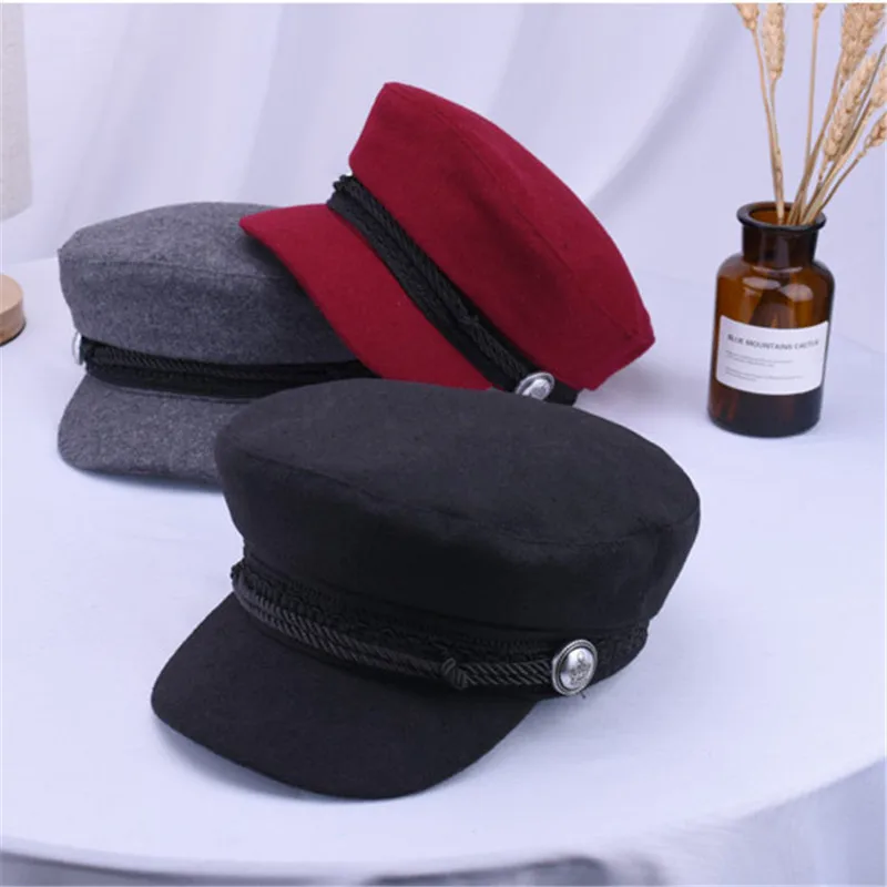 

Women's Hat Military Cap Spring Autumn Wool Female Cap Solid Color Army Hats Young Student French Style Female