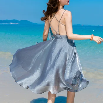 

Summer Sexy Backless Vestidos Women Silver Sling Beach Slim Robe Expansion Club Clothes Bohemian Vacation Causal Swing Dresses