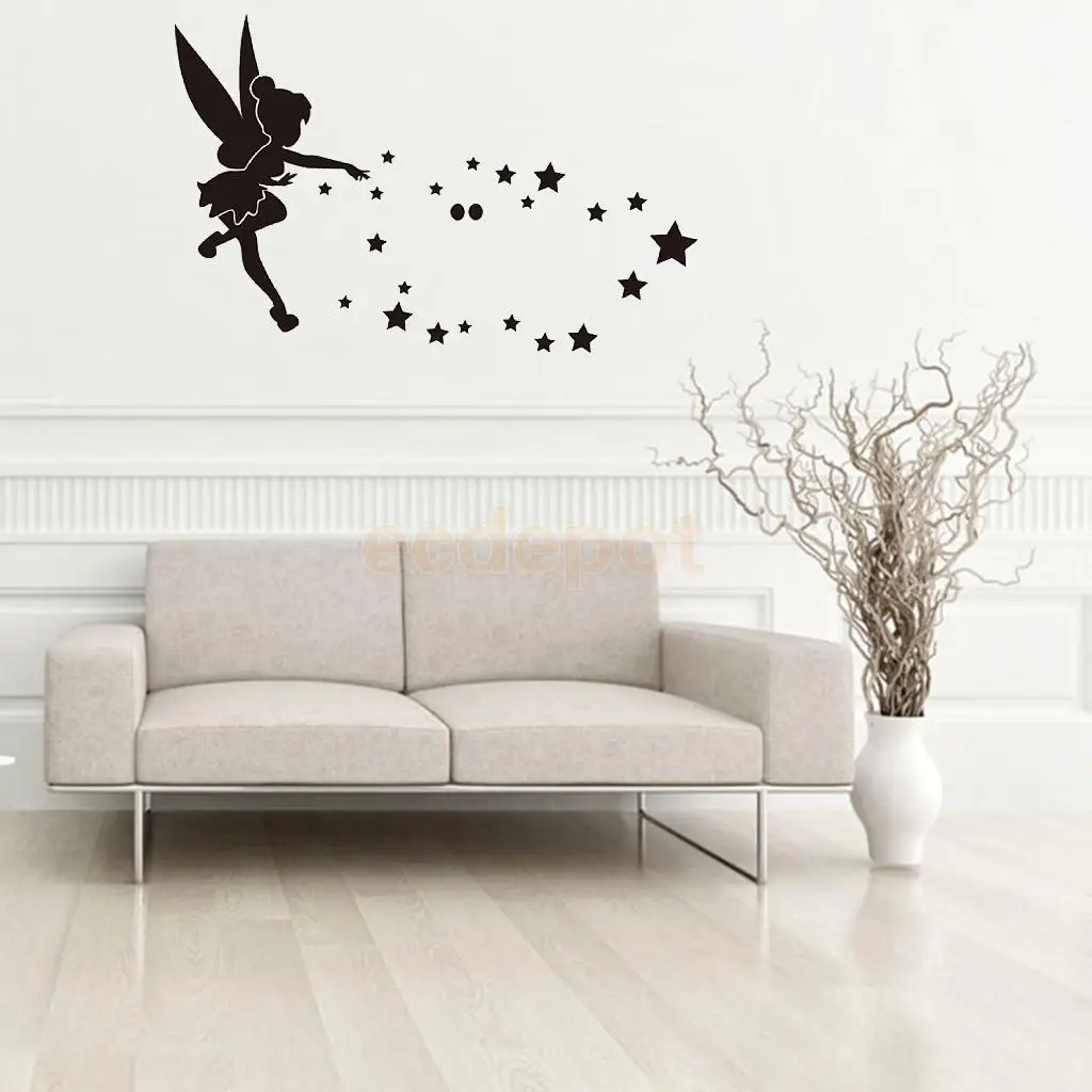 28Pieces 3D Plastic Fairy And Stars Pattern Wall Stickers DIY Decals Wall Mural Art Decor Black/Gold/Silver	