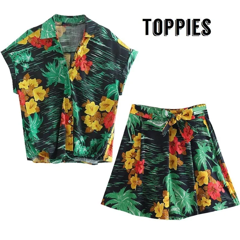 

2019 Summer Vacation Two Pieces Set Hawaii Style Printing T-Shirt High Waist Wide Leg Shorts Women Sandy Beach Short Set