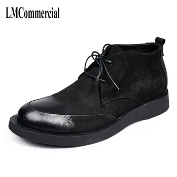 

winter men real leather shoes Retro Leather Riding Boots lace up round matte British short boots all-match cowhide