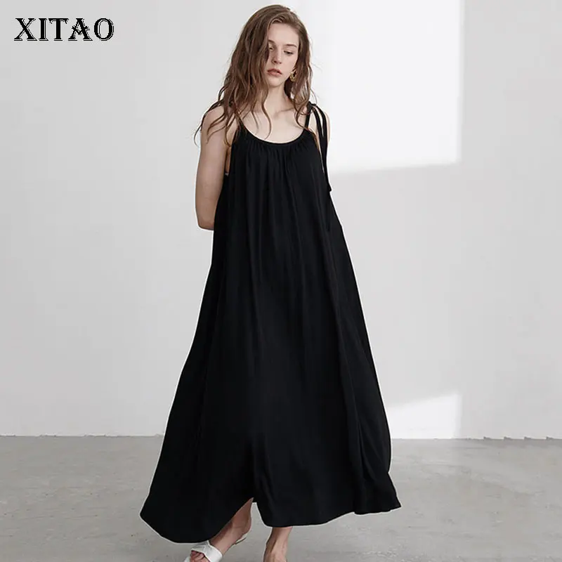 

[XITAO] 2019 Summer Korea Fashion New Women O-neck Sleeveless Dress Female Spaghetti Strap Solid Color Ankle-length Dress XJ1474