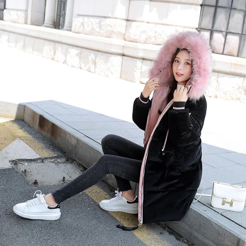 Gold Velvet Parka Bubble Coat Thick Warm Womens Coats Winter Fur Parka Puffer Jacket Fur Collar Lolita Doudoune Femme Hiver