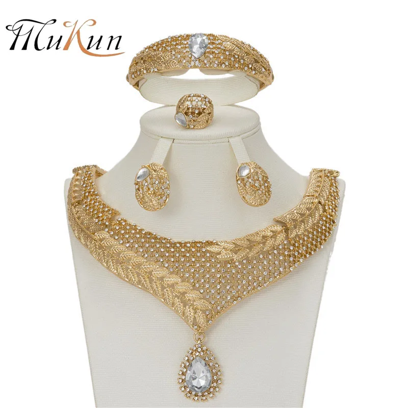 

MUKUN 2018 Bridal fashion Gift Nigerian Wedding African Beads Jewelry Set Dubai Gold Color Necklace Jewelry Set Wholesale Design