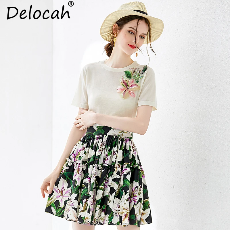 Delocah женский летний костюм в винтажном стиле, модный кардиган с блестками и аппликацией+ элегантная плиссированная юбка с цветочным принтом, комплект из двух предметов