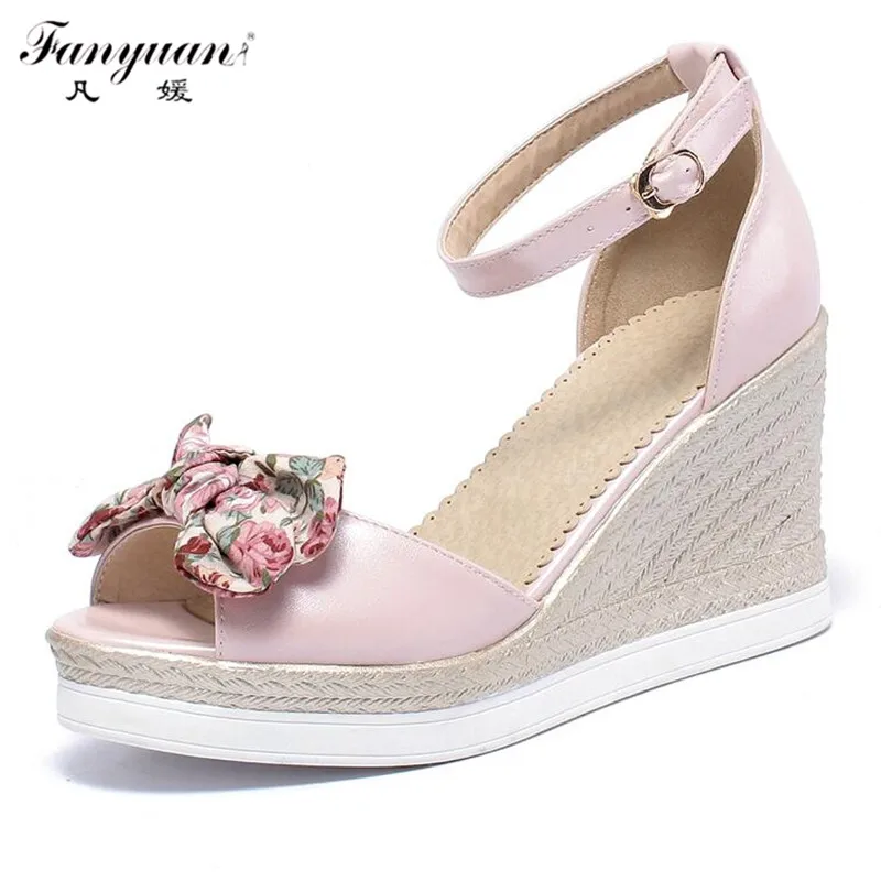

Fashion 2018 Summer Women Sandals Wedges Sweet Weaving Platform Pumps Ankle Strap High Heel Butterfly-knot Cover Heel Sandal