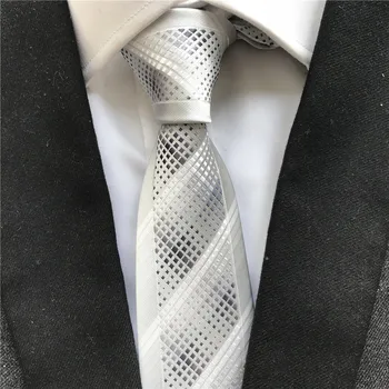 

Unique Designer Men Skinny Slim Tie Fashion Party Wedding Gravata Necktie White with Gray Plaids Cravat for Gift