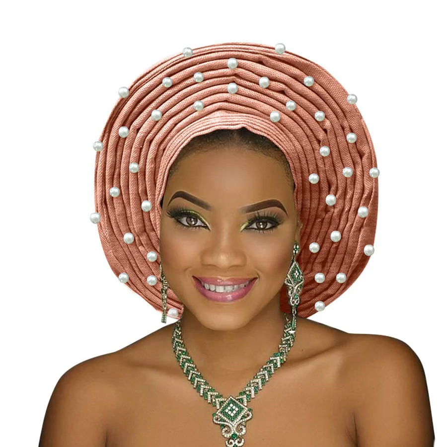 Aso oke головной убор с бисером aso oke нигерийский головной убор Африканский Авто геле aso ebi женский тюрбан красивый головной убор для свадьбы - Цвет: peach
