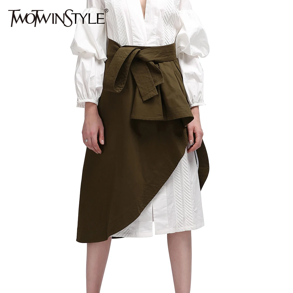 

TWOTWINSTYLE 2019 Summer Women Lace up Irregular A Line Skirts Female Army Green High Wiast Pleated Clothes Korean Fashion