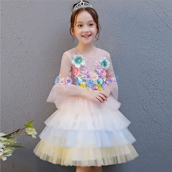 

New Girls Kids Elegant Flowers Princess Wedding Prom Birthday Party Dress Kids Long Sleeves Tutu cake-layers mesh Dress for 3~15