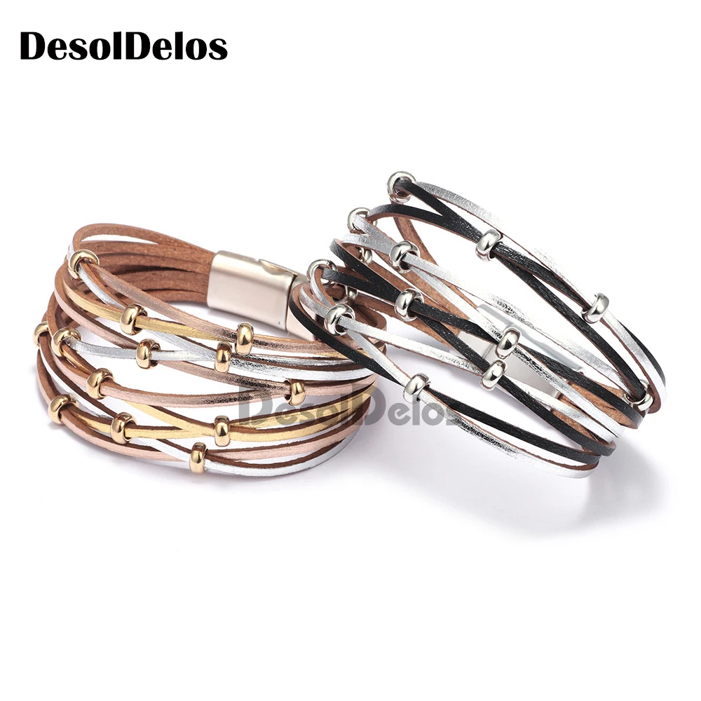 

Multilayer Leather Bracelets for Women Femme Crystal Metal Beads Charm Bohemian Style Bracelet Female Jewelry Gift 2019