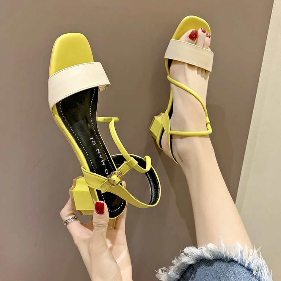 

Summer High Heels Color Matching Multi-Strap Sandals Women Casual Ankle Strap Shoes Classics Open Toe Square Heels Women Mujer