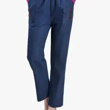 Женские Весенние большие размеры, высокая эластичная талия, длинные прямые джинсы, женские осенние свободные брюки больших размеров d, женские брюки с вышивкой