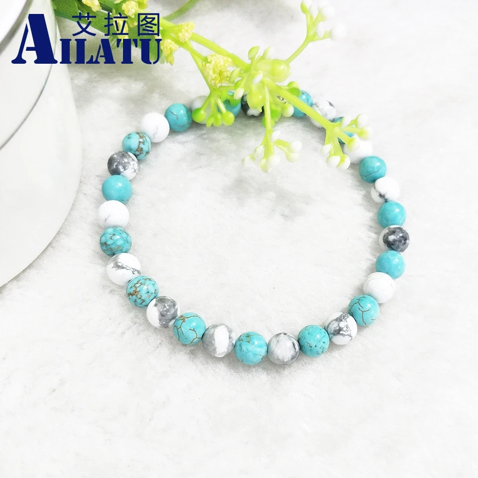 

Ailatu Natural Blue and White Howlite 6mm Stone Beads Bracelet Yoga Jewelry Elasticity Rope Men Charms Bracelets Bangle