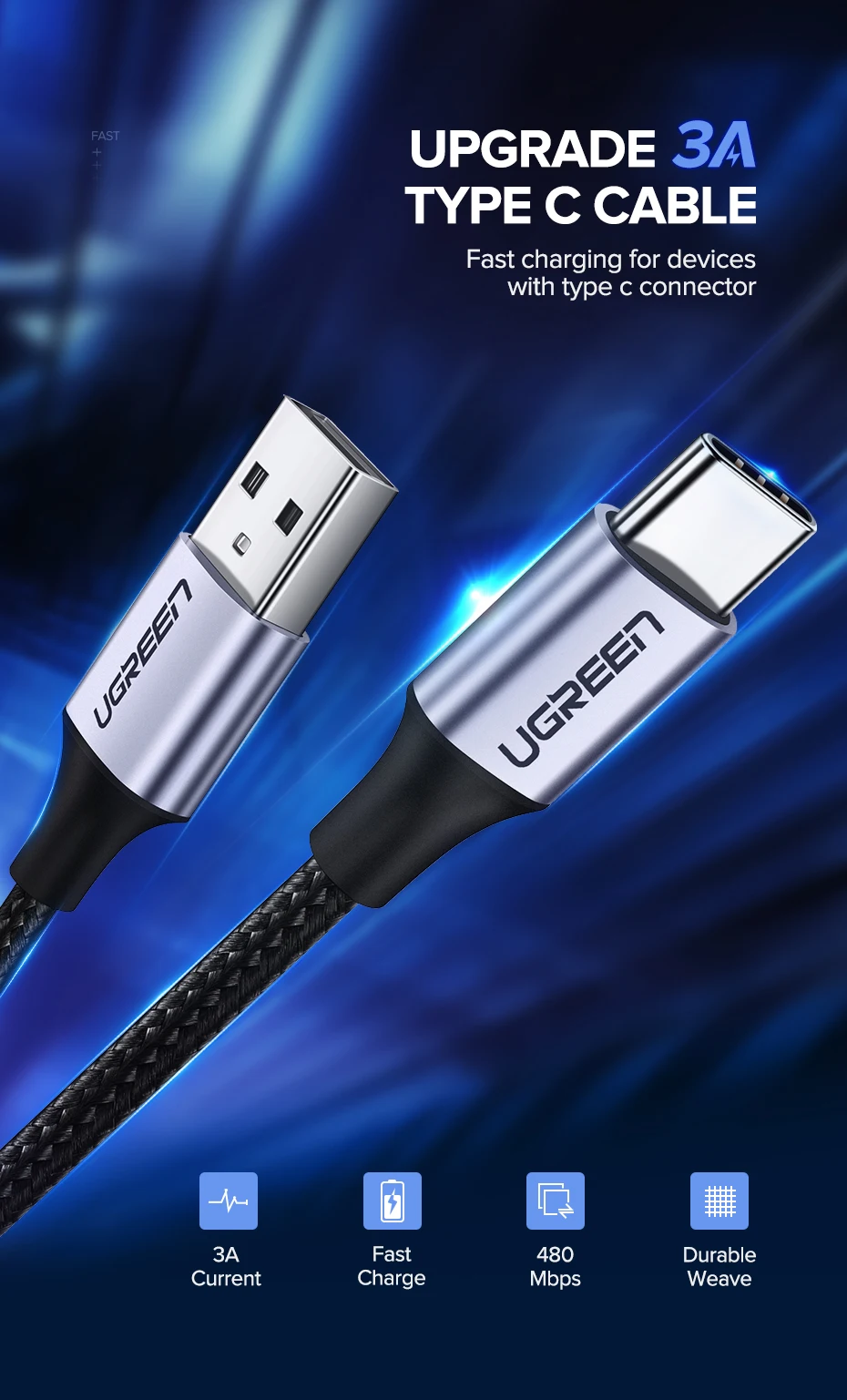 Кабель Ugreen usb type c для быстрой зарядки samsung Galaxy S9 S8 huawei P30 pro xiaomi 9 8 usb c кабель мобильного телефона зарядное устройство короткое