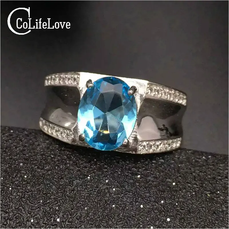 Модное кольцо с голубым топазом для мужчин из стерлингового серебра 925 пробы мужское кольцо 100 натуральное 7*9 мм топаз мужские классические