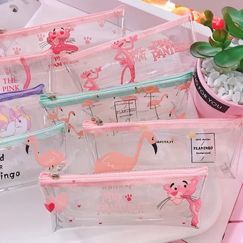 

Cute Pink Flamingo Pencil Case Cartoon Panther Transparent Pencil Box Pen Bags For Kids Stationery Office School Supplies