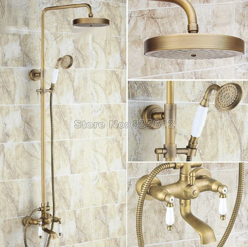 

Wall Mounted Bathroom Dual Handles Bathtub Mixer Tap &Antique Brass Rain Shower Faucet Set with Ceramic Handheld Shower Wrs149