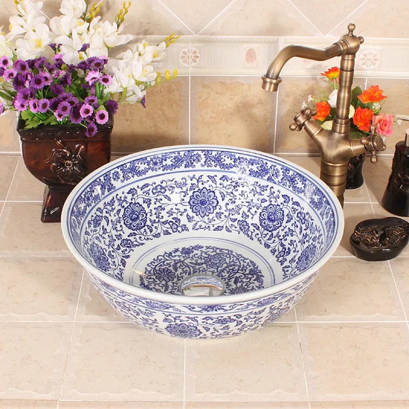 

Blue and white Artistic Handmade porcelain Round bathroom counter top ceramic Bathroom sink bathroom sink basin bathroom sinks