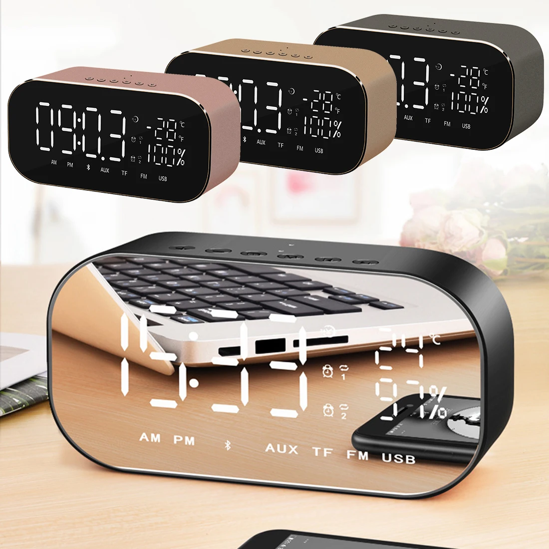 Modern LED Alarm Clock with FM Radio wireless Bluetooth Speaker Support