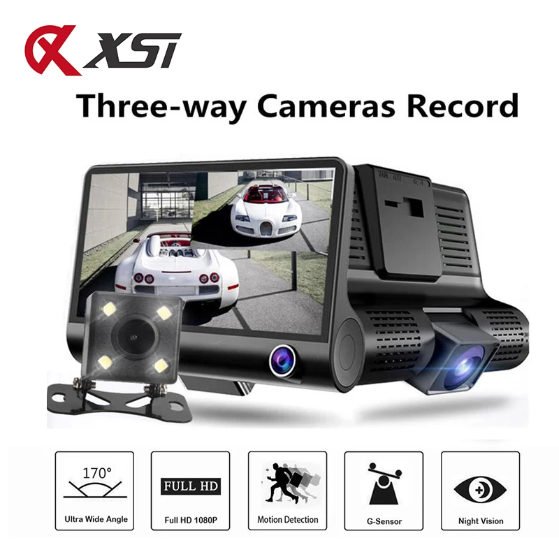 XST FHD 1080P 4 0 дюймов три камеры Автомобильный видеорегистратор Даш камера IPS экран