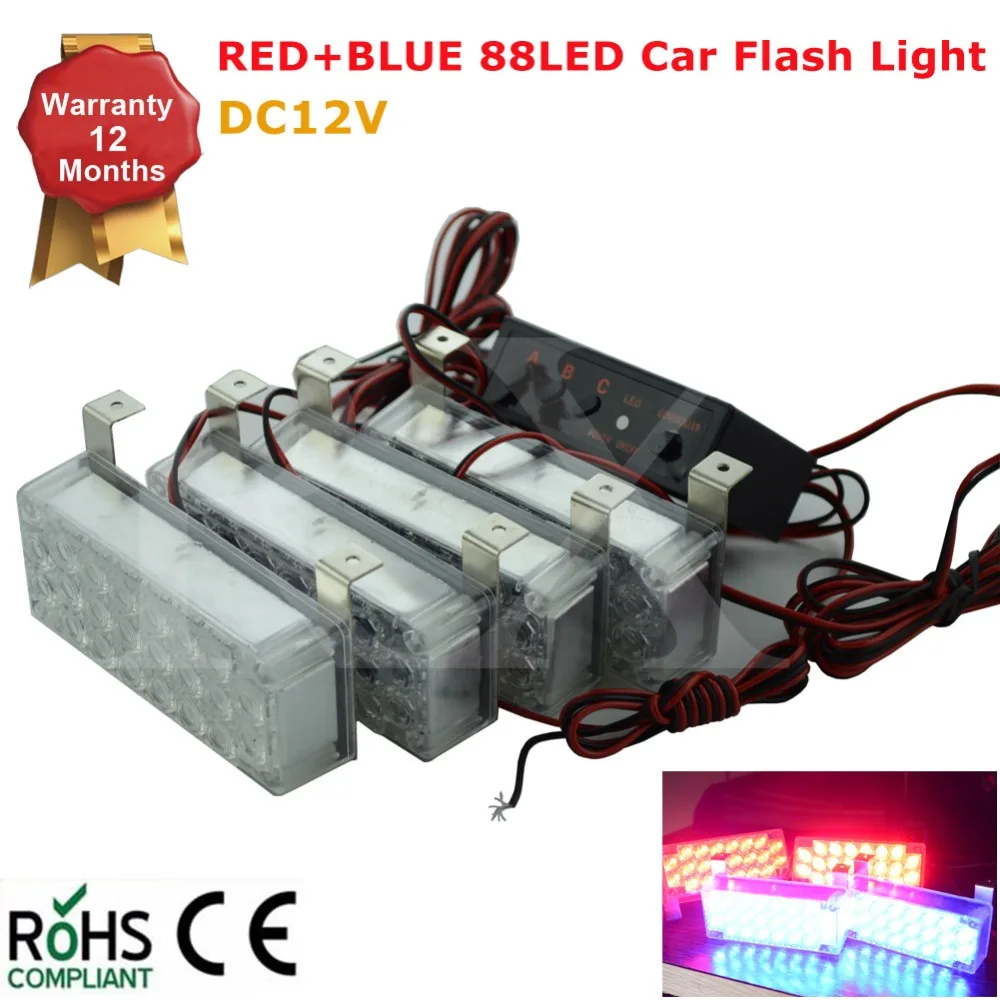 

Auto 4x22 LED Strobe Light Flash Warning Flash Strobe Emergency police Ambulance Style Lamp Set 88 LED Blue Red