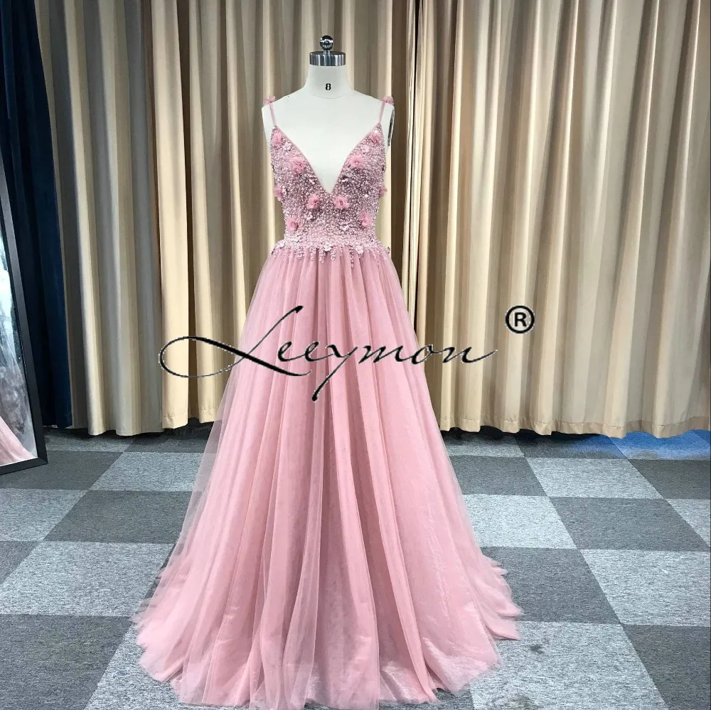 Leeymon Custom Made 2020 Sexy Backless Luxury Beaded 3D flowers Tulle Prom Dress Floor-Length Party Dress