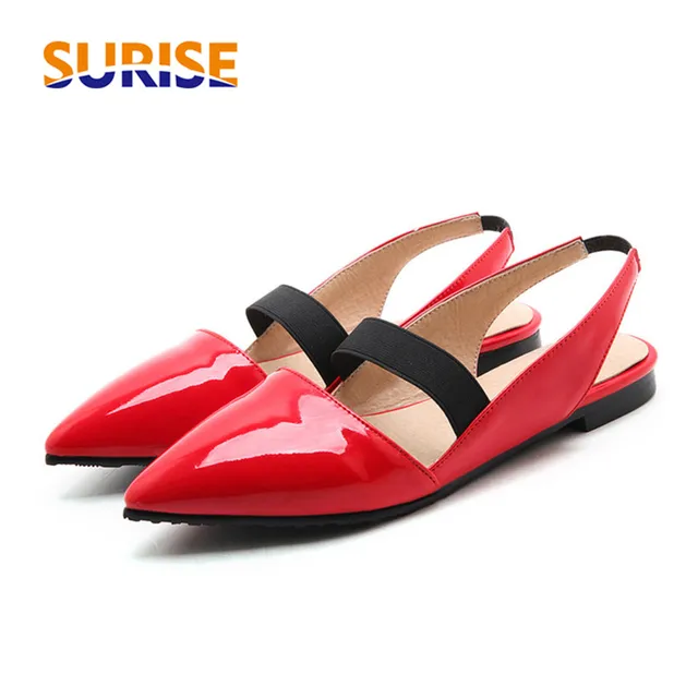 Big Size Summer Women Sandals Low Block Heels Pointed Toe Patent Leather Elastic Band Casual Dress Office Black Ladies Slingback