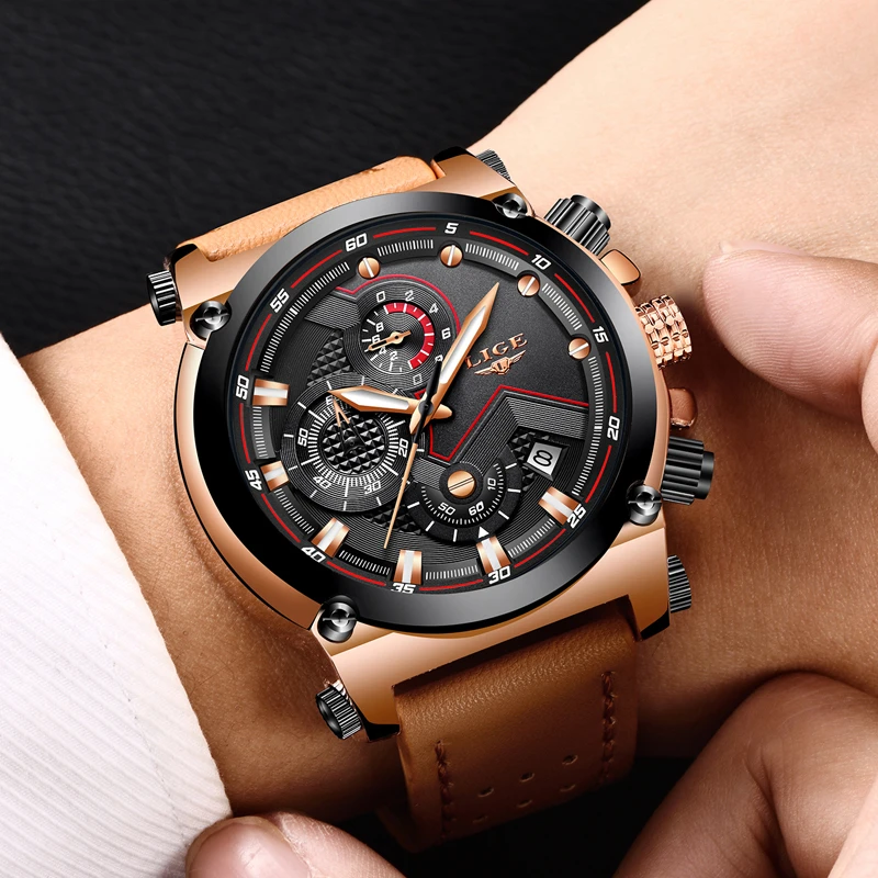 

LIGE Mens Watches Top Brand Luxury Quartz Watch Men Fashion Waterproof Leather Army Military Sports Watch Man Relogio Masculino