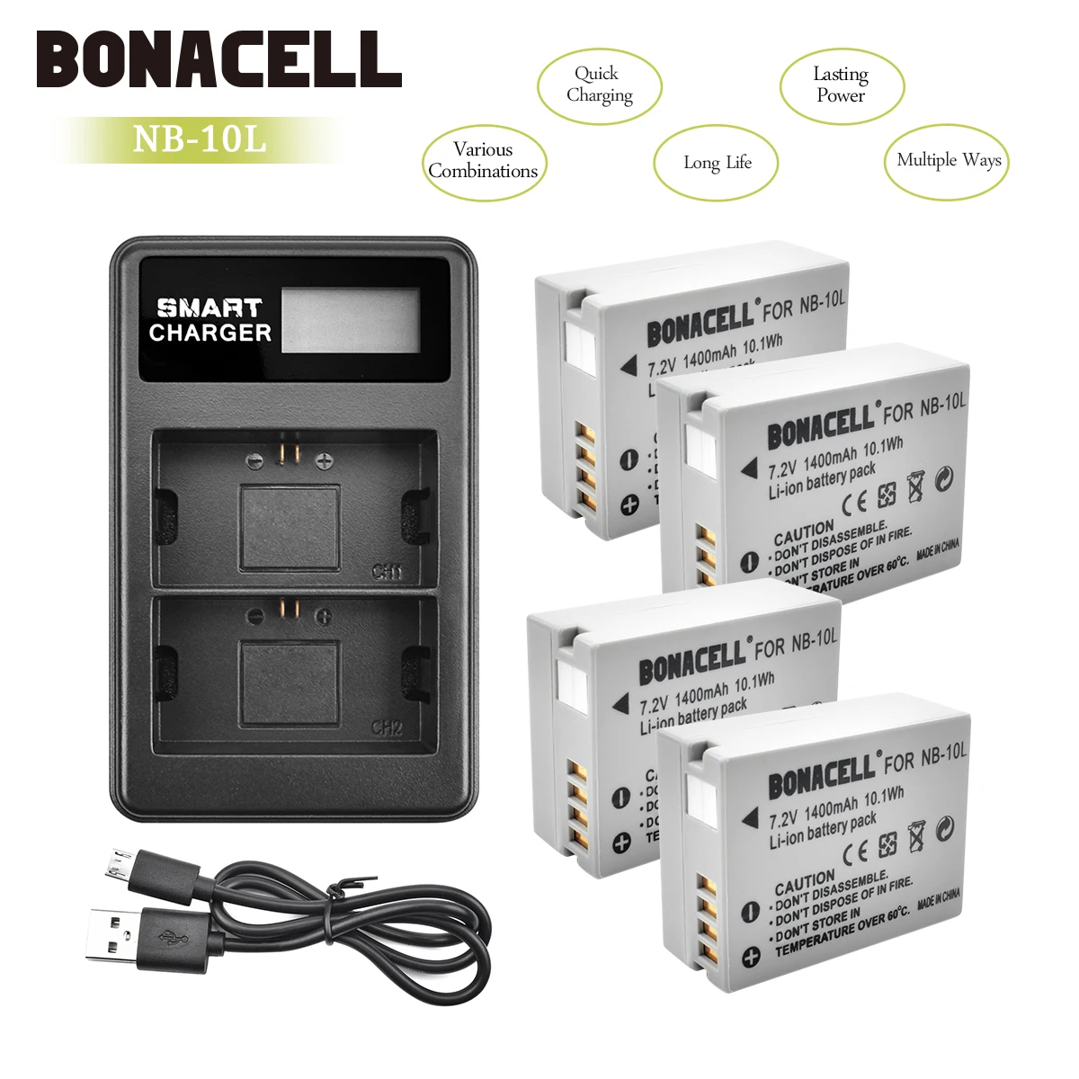 Bonacell 1400 мА/ч, NB-10L NB10L NB 10L Батарейки+ ЖК-дисплей двойной Зарядное устройство для Canon G1X G15 G16 SX40HS SX50HS SX60HS SX40 SX50 акумуляторная батарея L50 - Цвет: 4X Battery Charger