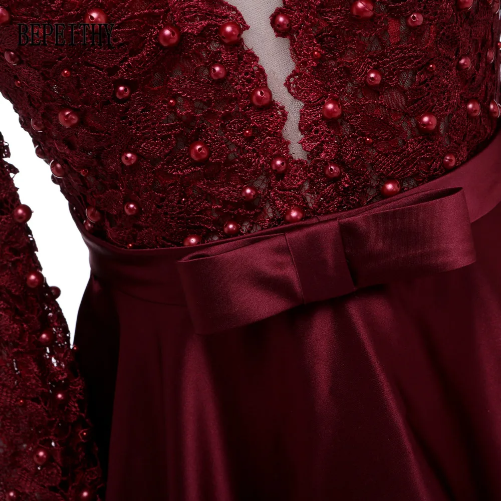 BEPEITHY Robe De Soiree Long Sleeve Burgundy Satin Evening Dress Long Vestido De Festa Longo Elegant Dresses 2019