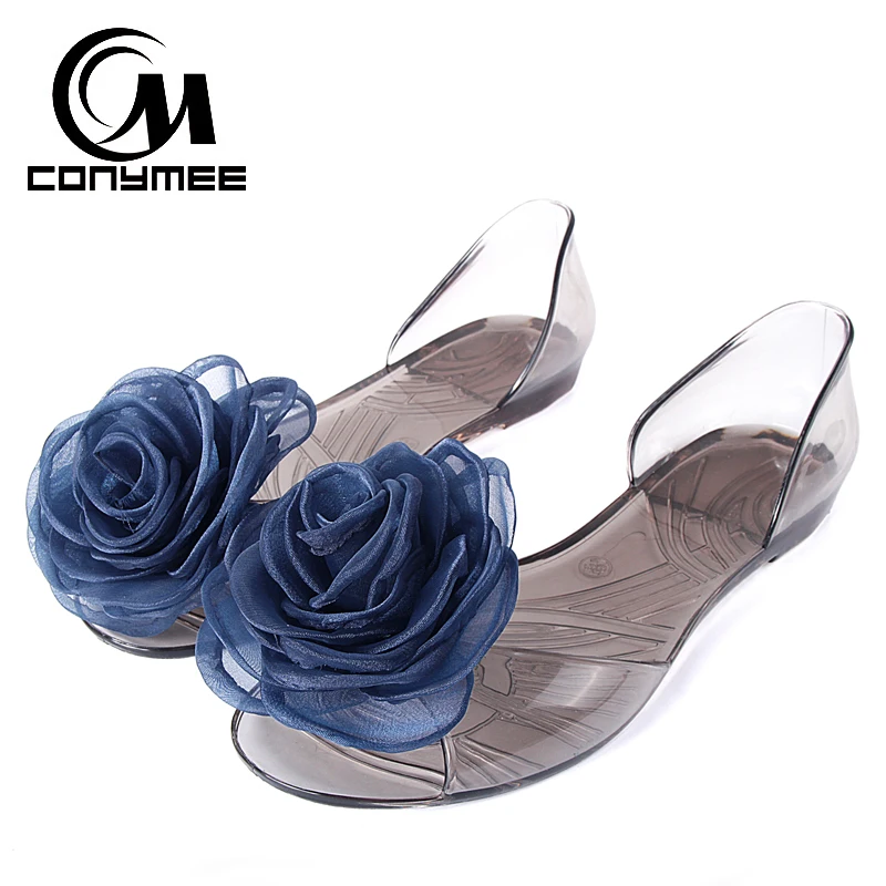 CONYMEE Summer Women Jelly Shoes Beach Flip Flops Stereo Flowers Transparent Beach Sandals Shoe For Girl Lady Big Size Sandal