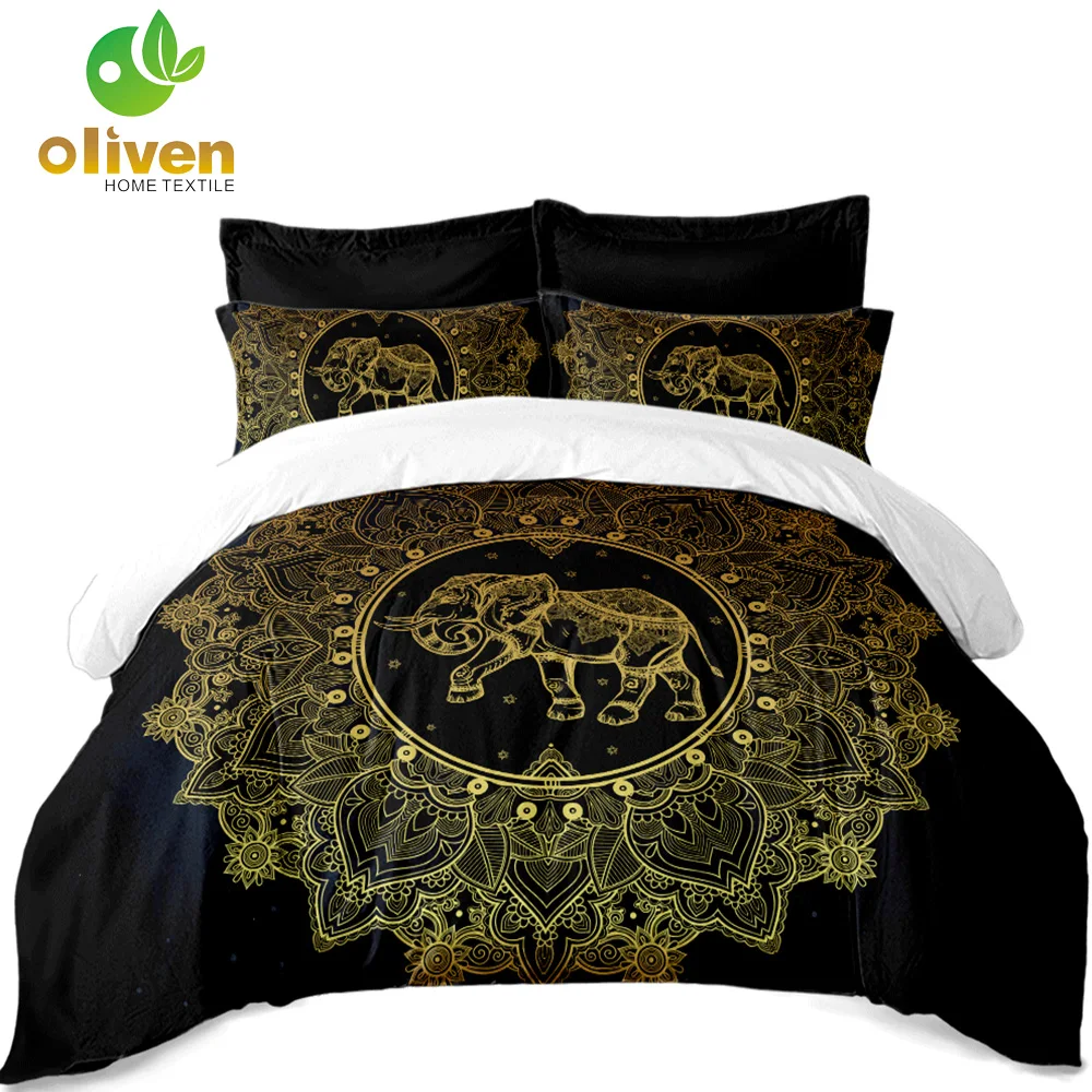 Tribal Elephant Bedding Set Golden Mandala Print Black Duvet Cover