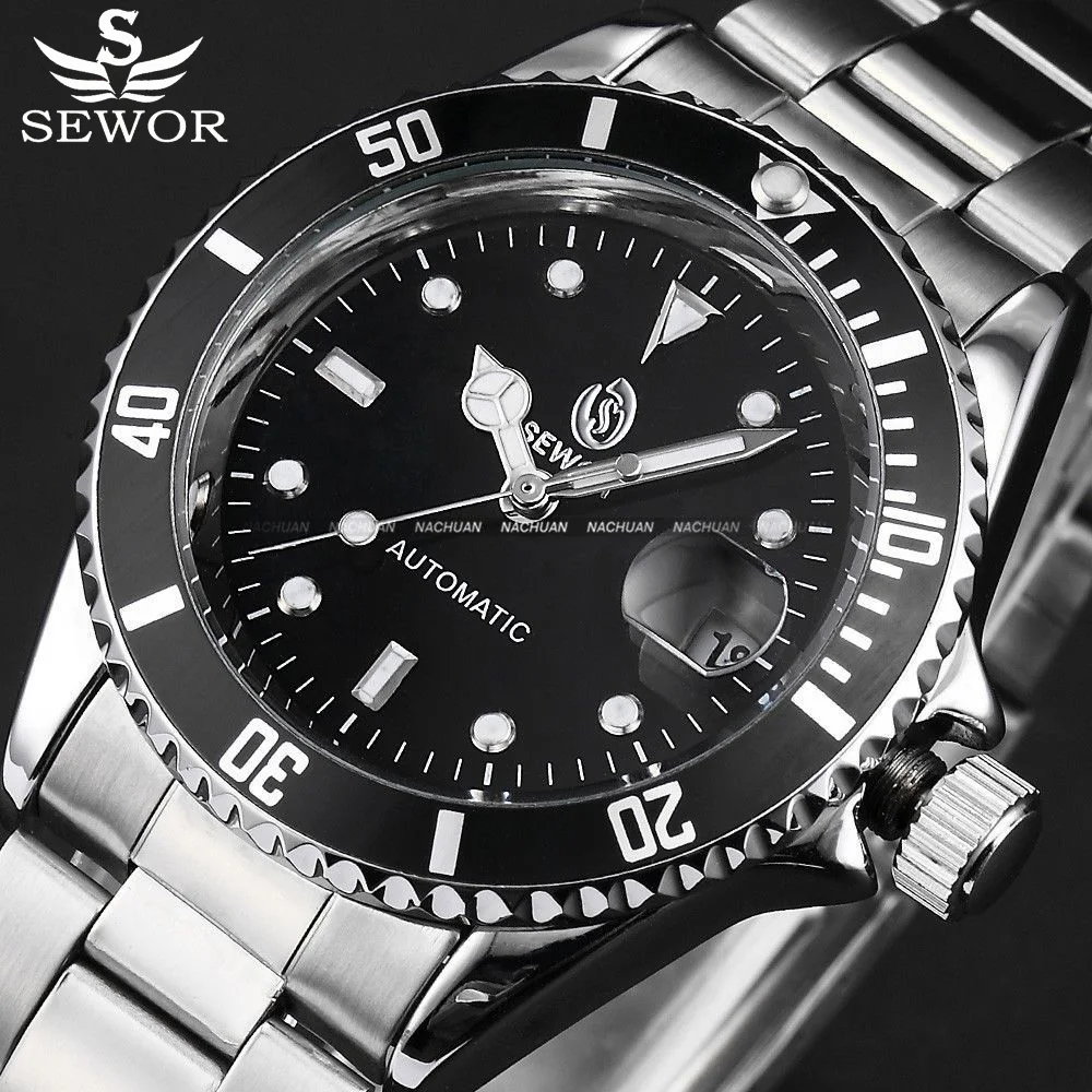 

SEWOR Black Case Relogio Self Wind Mechanical Automatic Watch Date Stainless Steel Band Male Clock Men's Army Military Watch