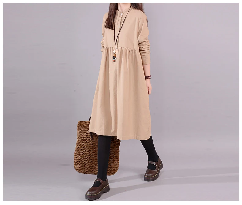 9521 Oversize Dresses Women Long Sleeve Elegant Loose Casual Dress Large Size Solid Button Vintage Cotton Linen Dress Vestidos Mujer 2