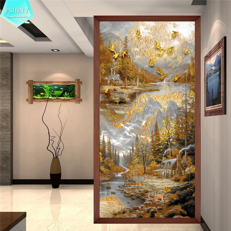 

PSHINY 5D DIY Diamond embroidery sale Golden Country scenery Full drill round rhinestones pictures Diamond Painting new arrivals