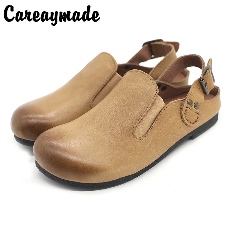 

Careaymade-Head layer cowhide pure handmade New style retro round head flat sole wear-resistant leisure comfortable women shoes