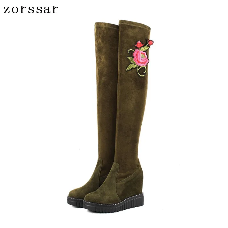 

{Zorssar} Kid Suede Leather Female High Boots Women Over The Knee Boots High heels Platform Wedge Womens Shoes Winter Snow Boots