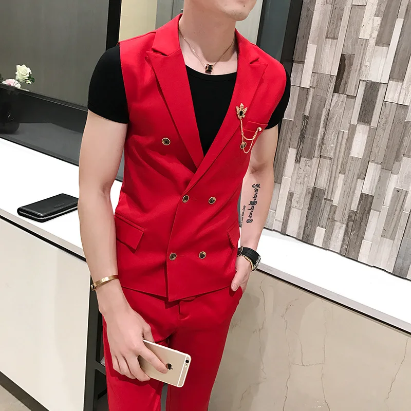 

2019 casual hair stylist double-breasted vest suits Korean men's slim fashion vest two-piece sets singer vest men suit costumes