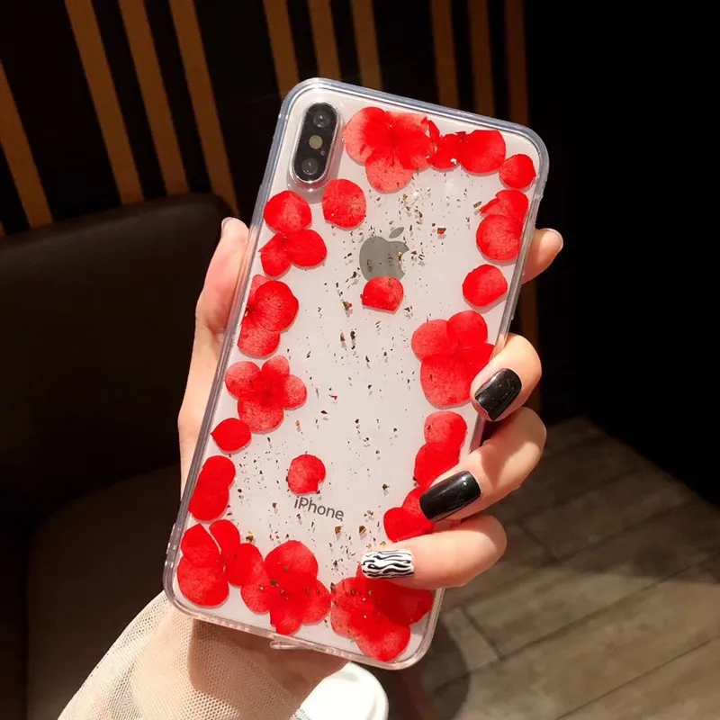 Real Dried Flowers Soft TPU Phone Case For iPhone X XR XS Max 6 6S 7 8 plus Silicone Cover Handmade Clear Pressed Case Coque New (5)