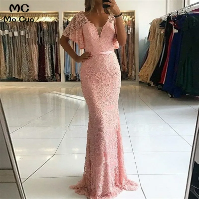 Mermaid V-Neck Half Sleeves Pink Lace Prom Dress with Pearls33