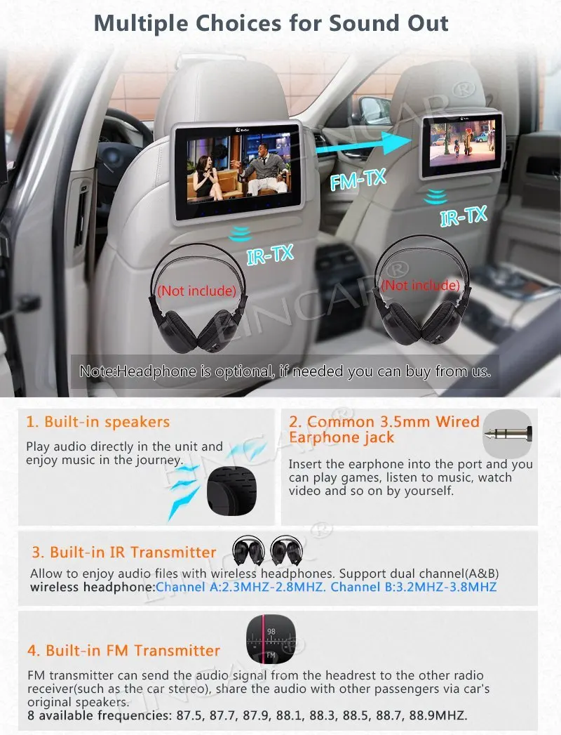Pair of headset included! Dual 9'' Backseat DVD Player Car Headrest Monitor Support HDMI/USB/SD Input IR/FM/Speaker 32 Bits Game