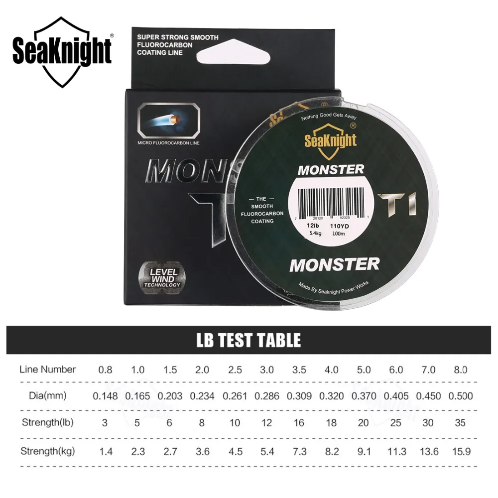 Новая рыболовная леска SeaKnight MONSTER T1, 100 м, 0,148 ярдов, 0,5- мм, фторуглеродное покрытие, леска для ловли карпа, 3 фунта, 10 фунтов, 35 фунтов