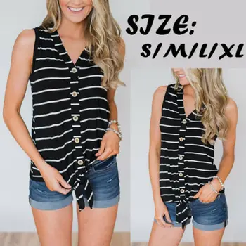 

Women Sleeveless Tunic Tops Ladies V Neck Loose T Shirt Striped Print