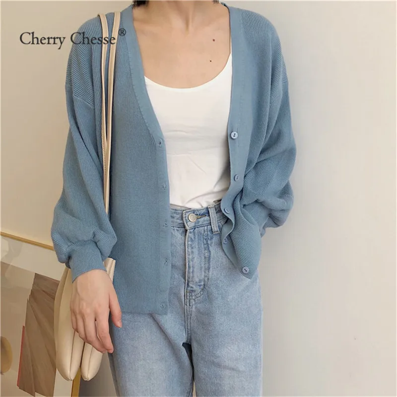 Cherry Chesse Sweet Solid Women Sweater Button V Neck Tops Autumn Casual Slim Female |