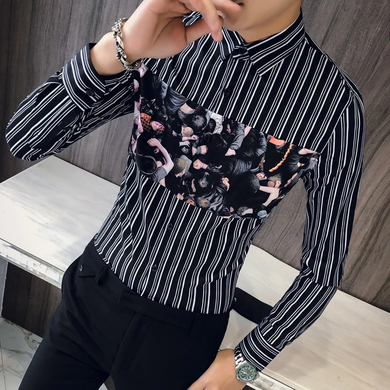 

British Style Men Shirt Brand New Slim Fit Casual Striped Shirts Dress Men Clothes 2019 Long Sleeve Night Club Prom Tuxedo 3XL-M