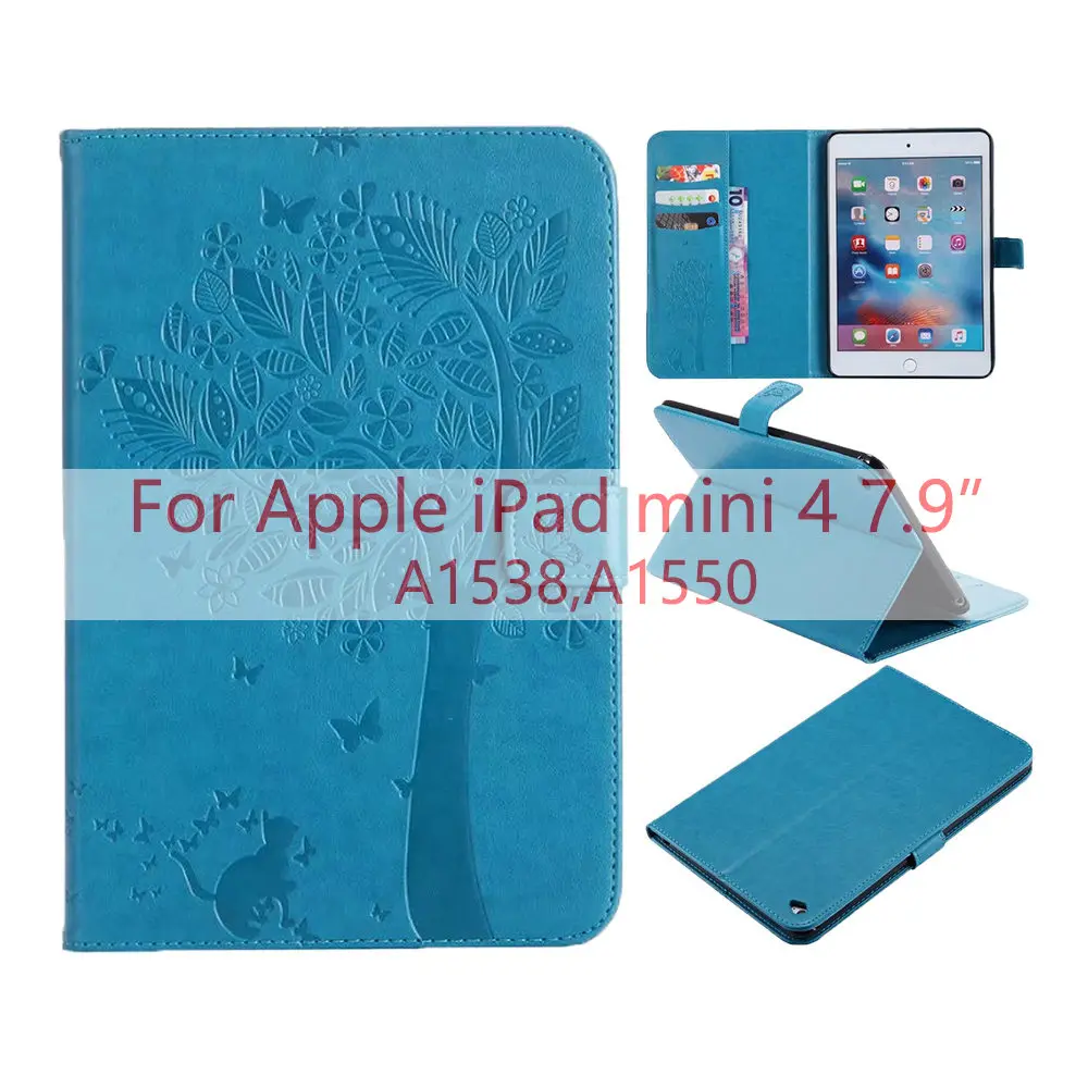 Чехол для iPad Mini 1/2/3 Давление печать Счастливое дерево из искусственной кожи+ мягкий чехол на заднюю панель телефона с подставкой флип чехол Обложка для Apple iPad Mini 4 - Цвет: Blue
