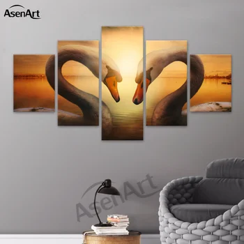 

Wall Art Elegant White Swan Canvas Oil Printing Poster 5 Panels Modern Large Artwork For Home Living Room Decorative Unframed