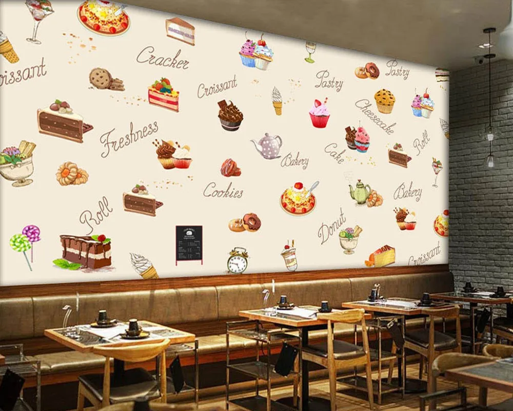 

Free Shipping Custom Wallpaper Mural European and American Style Lovely Hand Painted Cake Shop Dessert Shop Wall Painting Deco